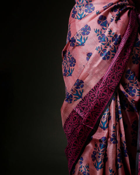 Dusty Rose Tussar Silk Saree with Wine & Teal Floral Block Prints