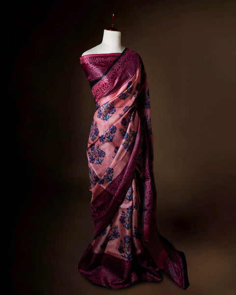 Dusty Rose Tussar Silk Saree with Wine & Teal Floral Block Prints