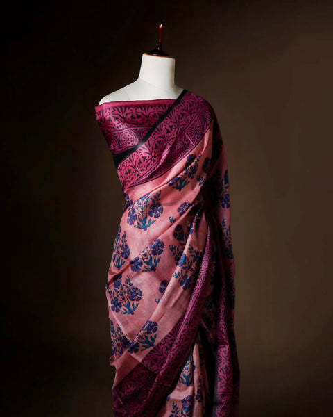 Dusty Rose Tussar Silk Saree with Wine & Teal Floral Block Prints