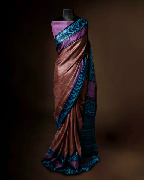 Metallic Bronze Tussar Silk Saree with Magenta & Teal Geometric Border