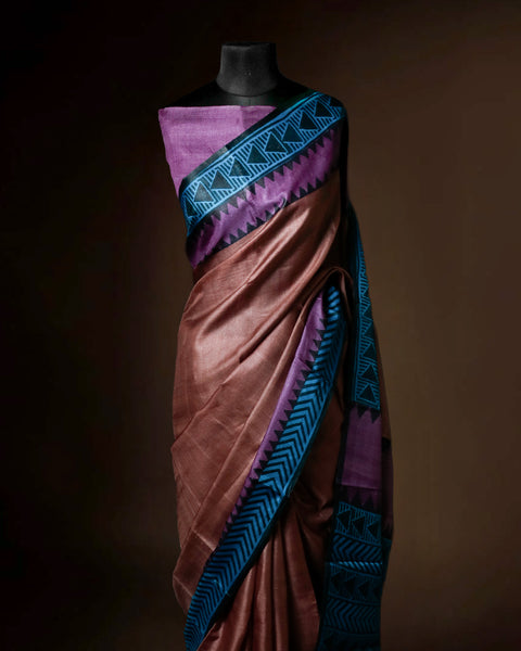 Metallic Bronze Tussar Silk Saree with Magenta & Teal Geometric Border