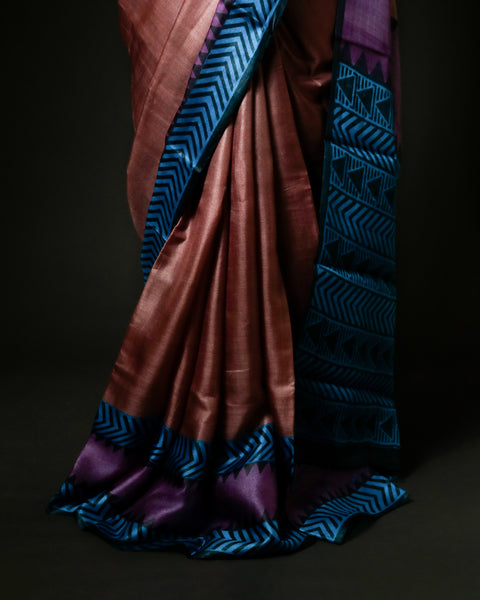 Metallic Bronze Tussar Silk Saree with Magenta & Teal Geometric Border