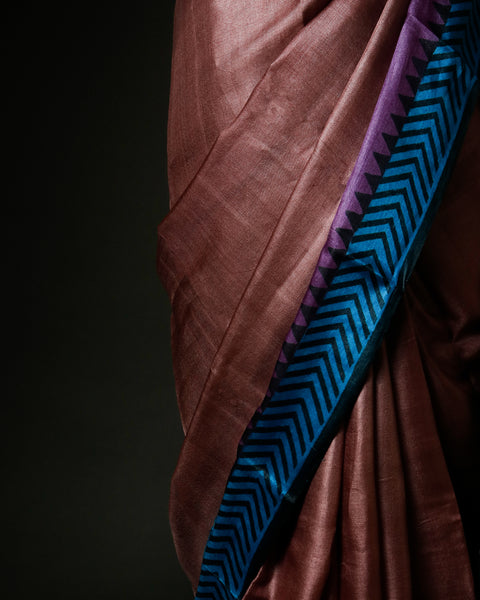Metallic Bronze Tussar Silk Saree with Magenta & Teal Geometric Border