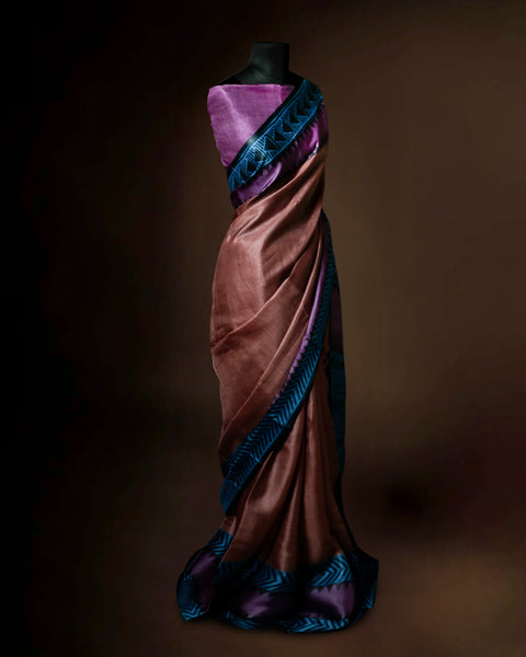 Metallic Bronze Tussar Silk Saree with Magenta & Teal Geometric Border