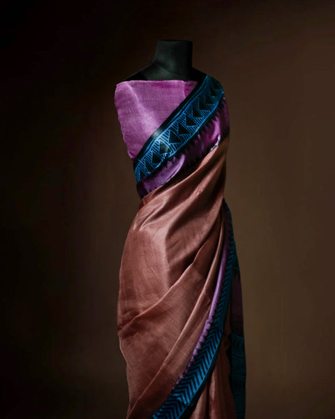 Metallic Bronze Tussar Silk Saree with Magenta & Teal Geometric Border