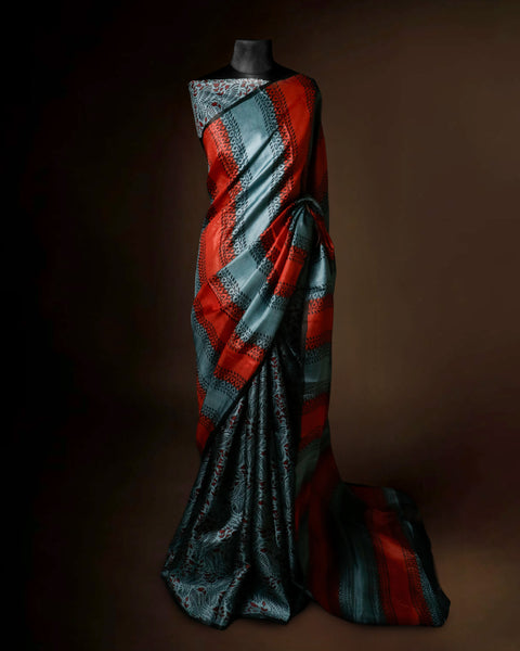 Slate Grey & Burnt Orange Striped Tussar Silk Saree | Hand-Block Printed