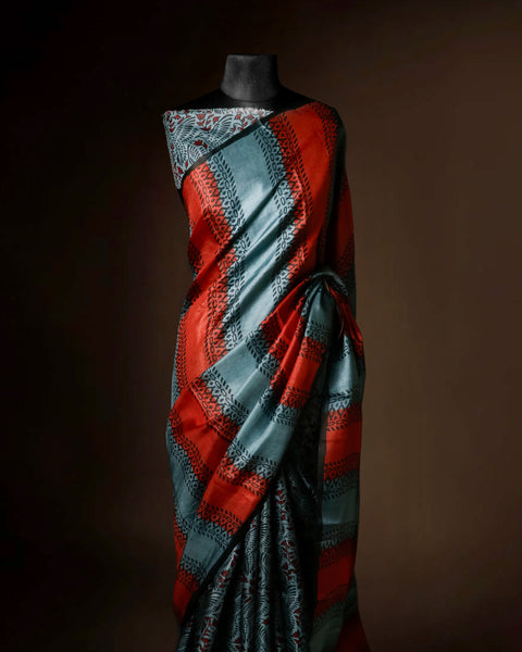 Slate Grey & Burnt Orange Striped Tussar Silk Saree | Hand-Block Printed