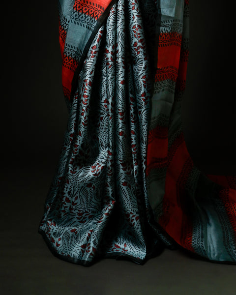 Slate Grey & Burnt Orange Striped Tussar Silk Saree | Hand-Block Printed