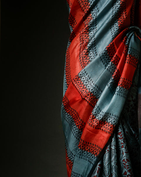 Slate Grey & Burnt Orange Striped Tussar Silk Saree | Hand-Block Printed