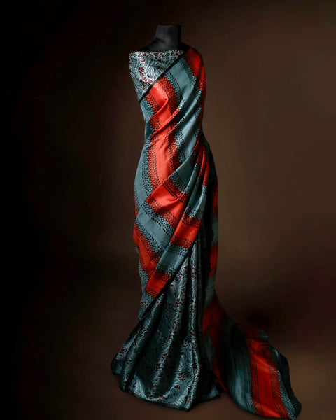 Slate Grey & Burnt Orange Striped Tussar Silk Saree | Hand-Block Printed