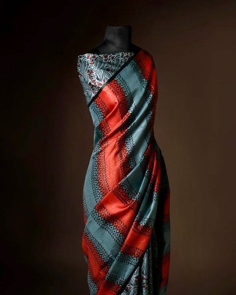 Slate Grey & Burnt Orange Striped Tussar Silk Saree | Hand-Block Printed