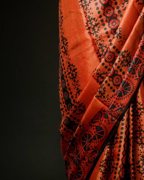 Burnt Orange Tussar Silk Saree with All-Over Ajrakh Hand-Block Print
