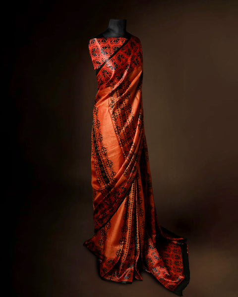 Burnt Orange Tussar Silk Saree with All-Over Ajrakh Hand-Block Print