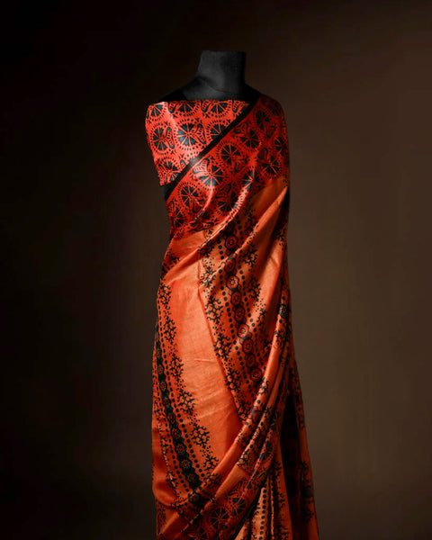 Burnt Orange Tussar Silk Saree with All-Over Ajrakh Hand-Block Print
