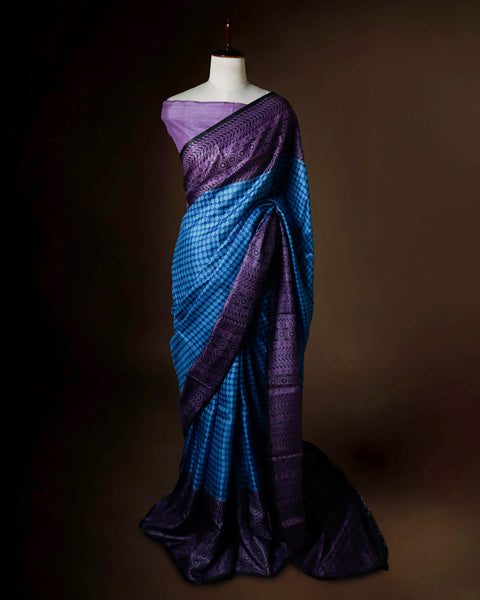 Royal Blue & Violet Tussar Silk Saree | Geometric Honeycomb Print