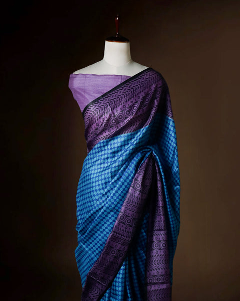 Royal Blue & Violet Tussar Silk Saree | Geometric Honeycomb Print