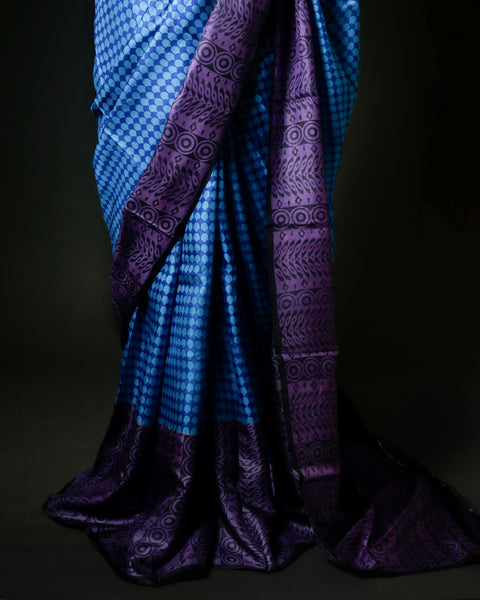 Royal Blue & Violet Tussar Silk Saree | Geometric Honeycomb Print