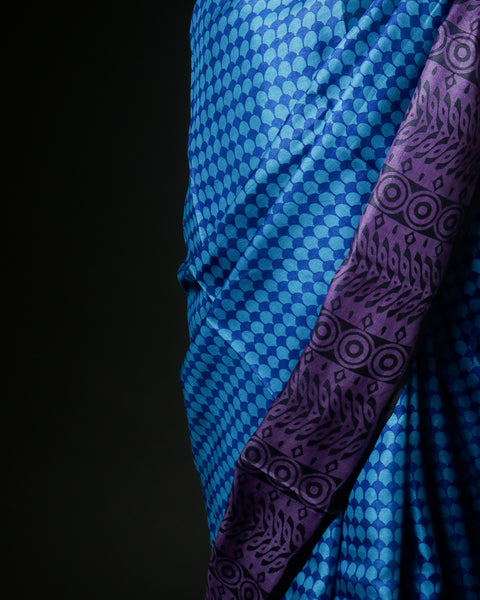 Royal Blue & Violet Tussar Silk Saree | Geometric Honeycomb Print