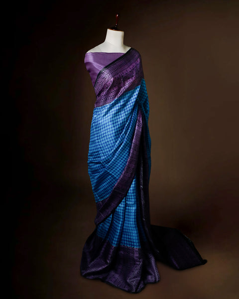 Royal Blue & Violet Tussar Silk Saree | Geometric Honeycomb Print