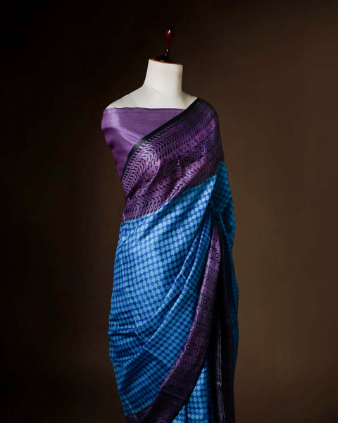 Royal Blue & Violet Tussar Silk Saree | Geometric Honeycomb Print