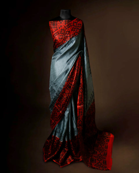 Gunmetal Grey Tussar Silk Saree with Crimson Red Ajrakh Border