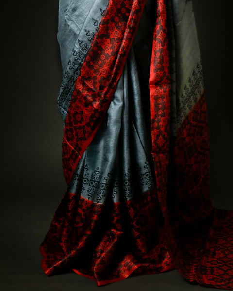 Gunmetal Grey Tussar Silk Saree with Crimson Red Ajrakh Border
