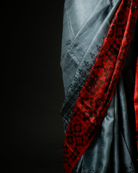 Gunmetal Grey Tussar Silk Saree with Crimson Red Ajrakh Border