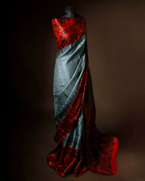 Gunmetal Grey Tussar Silk Saree with Crimson Red Ajrakh Border