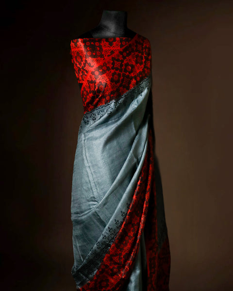 Gunmetal Grey Tussar Silk Saree with Crimson Red Ajrakh Border