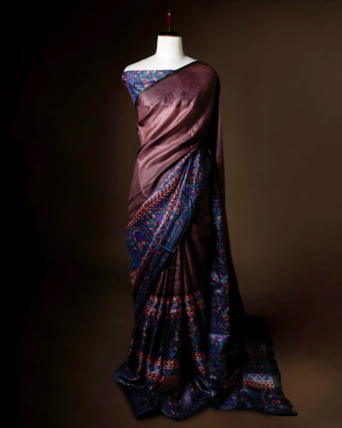 Hand-Block Printed Purple Tussar Saree | Pure Silk Designer Festive Wear