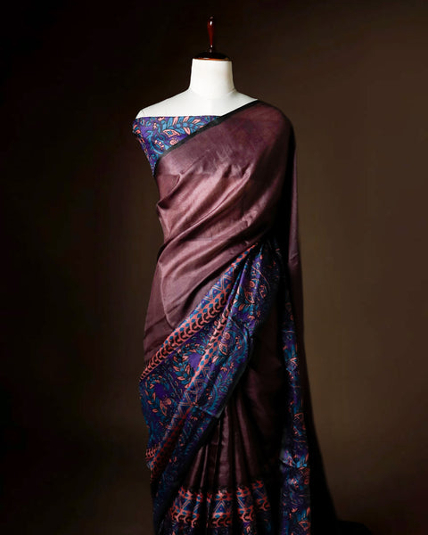 Hand-Block Printed Purple Tussar Saree | Pure Silk Designer Festive Wear