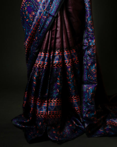 Hand-Block Printed Purple Tussar Saree | Pure Silk Designer Festive Wear