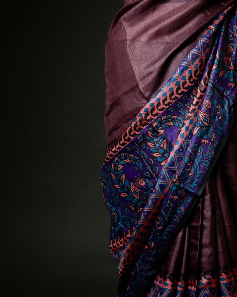 Hand-Block Printed Purple Tussar Saree | Pure Silk Designer Festive Wear