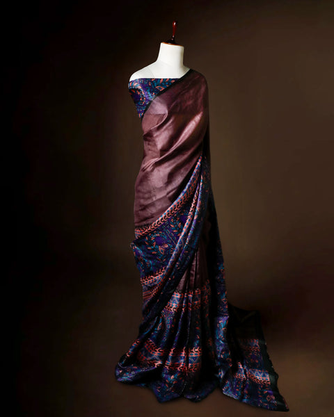 Hand-Block Printed Purple Tussar Saree | Pure Silk Designer Festive Wear