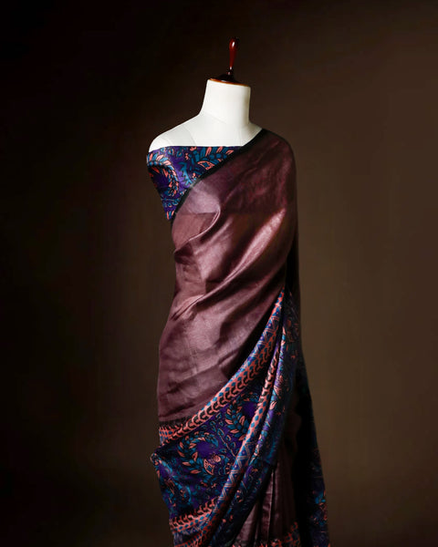 Hand-Block Printed Purple Tussar Saree | Pure Silk Designer Festive Wear