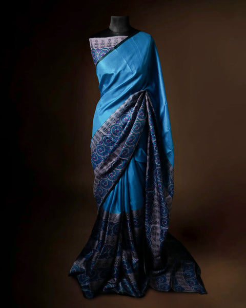 Cerulean Blue Tussar Silk Saree with Grey & Violet Paisley Border