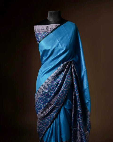 Cerulean Blue Tussar Silk Saree with Grey & Violet Paisley Border