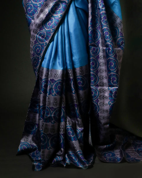 Cerulean Blue Tussar Silk Saree with Grey & Violet Paisley Border