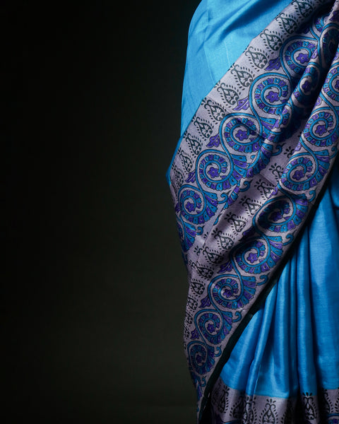 Cerulean Blue Tussar Silk Saree with Grey & Violet Paisley Border
