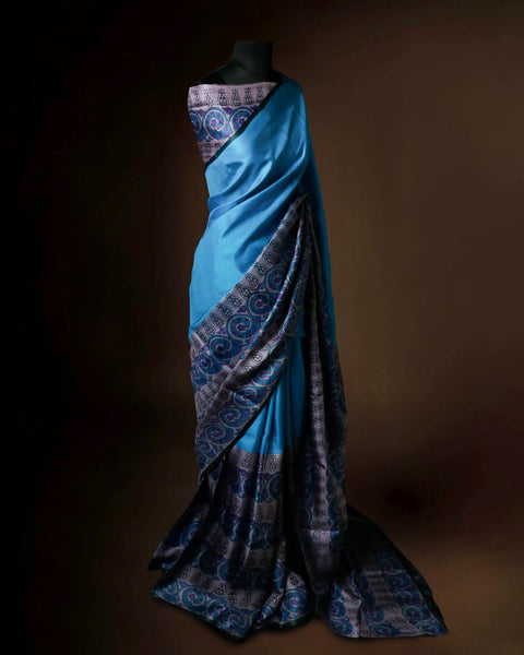 Cerulean Blue Tussar Silk Saree with Grey & Violet Paisley Border