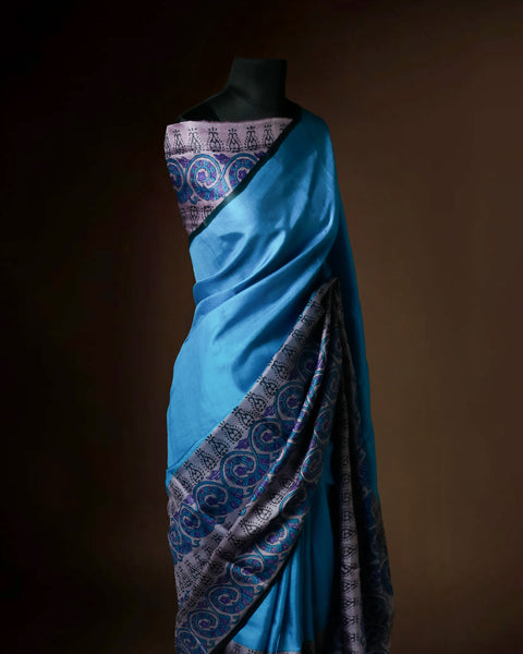 Cerulean Blue Tussar Silk Saree with Grey & Violet Paisley Border