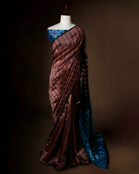 Hand-Block Printed Brown & Blue Tussar Saree | Pure Silk Designer Wear