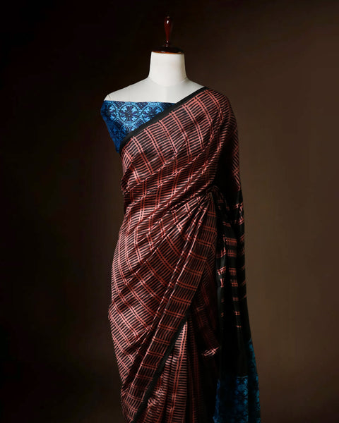 Hand-Block Printed Brown & Blue Tussar Saree | Pure Silk Designer Wear