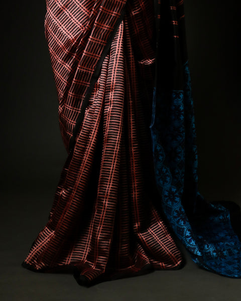 Hand-Block Printed Brown & Blue Tussar Saree | Pure Silk Designer Wear