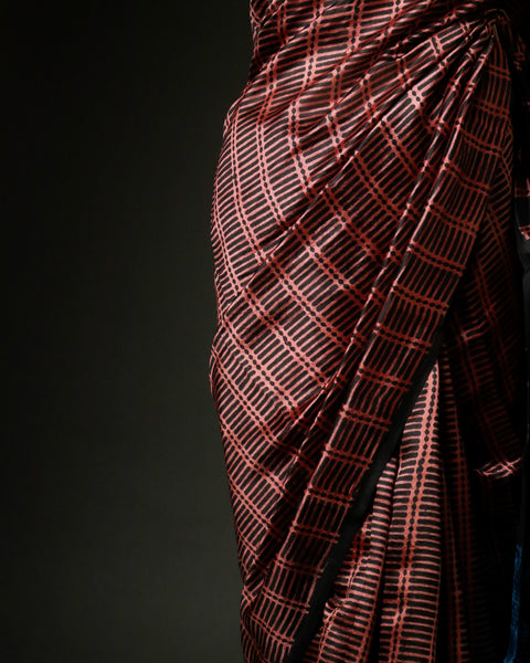 Hand-Block Printed Brown & Blue Tussar Saree | Pure Silk Designer Wear