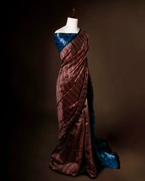 Hand-Block Printed Brown & Blue Tussar Saree | Pure Silk Designer Wear