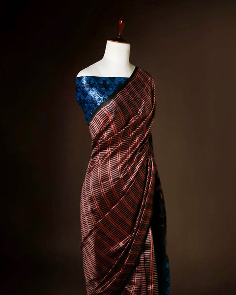 Hand-Block Printed Brown & Blue Tussar Saree | Pure Silk Designer Wear