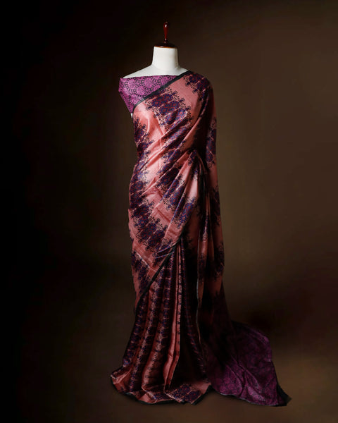 Dusty Rose Tussar Silk Saree with Deep Violet Hand-Block Prints