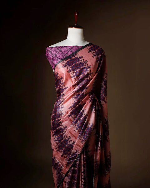 Dusty Rose Tussar Silk Saree with Deep Violet Hand-Block Prints