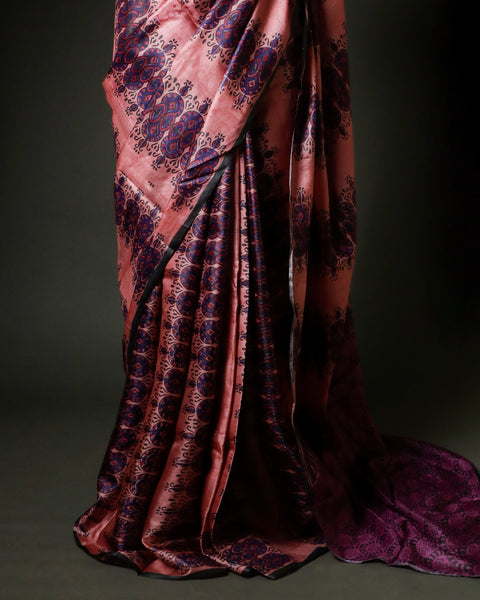Dusty Rose Tussar Silk Saree with Deep Violet Hand-Block Prints